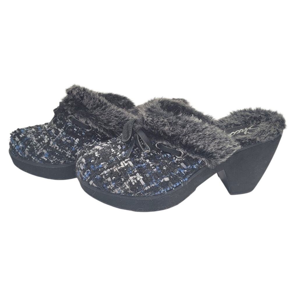 Skechers Black Boucle Faux Fur Platform Clog Heels Womens Size 7 Vintage Y2K